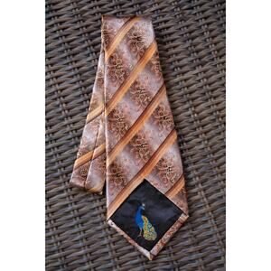 Vintage Silk Tie Embroidered Peacock Hidden Detail Novelty Brown Paisley Unique